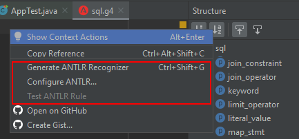 Idea Antlr Right Click Options
