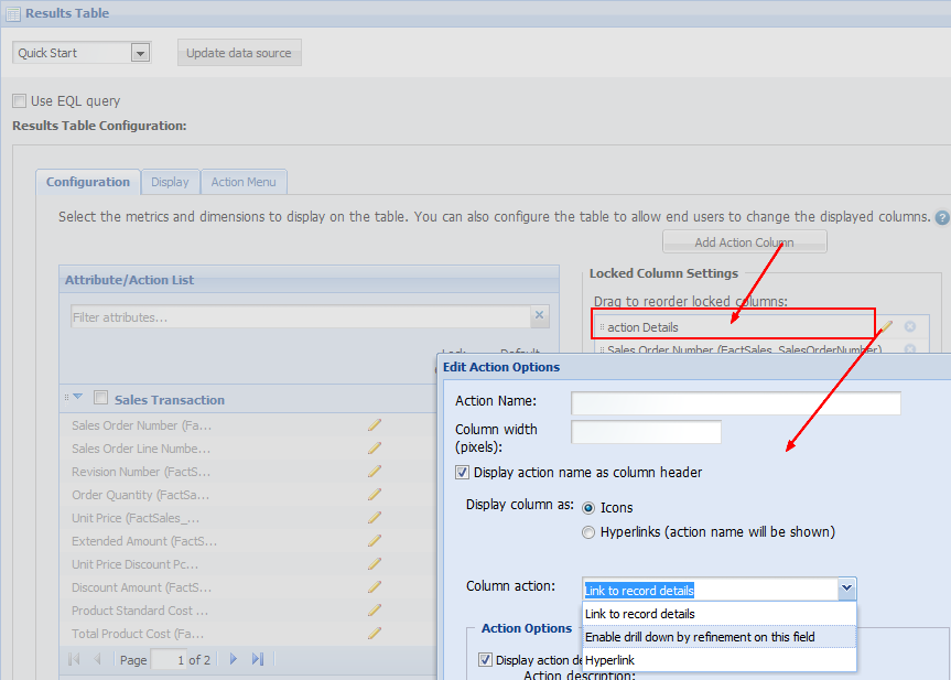 Endeca Studio Result Table Action Column