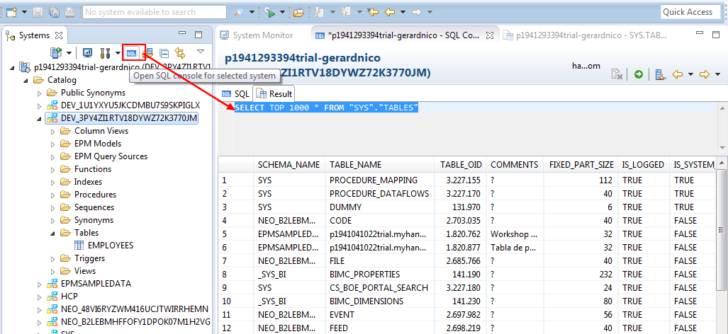 Sap Hana Cloud Sql Console Select All Tables
