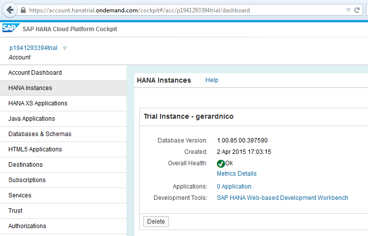 Sap Hana Trial Instance Created