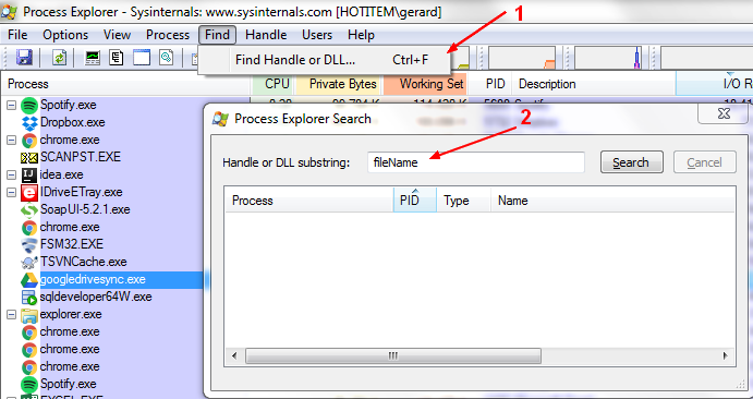 Process Explorer Handle Open File Search