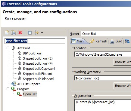 Eclipse External Tools Configuration Shell Bat