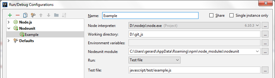 Nodeunit Run Configuration Intellij