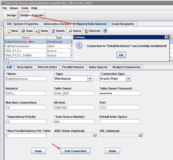 Obia Dac Setup Physical Data Source Datawarehouse