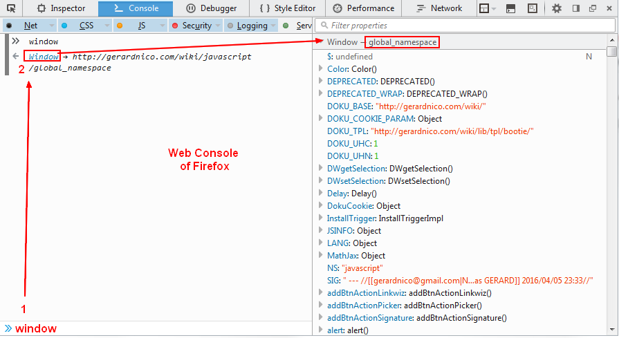 Global Namespace Web Console Firefox